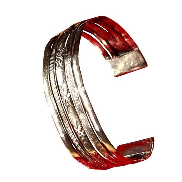 Southwestern Silver Tone Wide Cuff Bracelet, Engraved Tribal Design, Adjustable - Picture 2 of 4